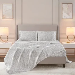 Kirkland's Home Gray Leopard Print Satin 4-Pc. Full Sheet Set- Bed Sheets