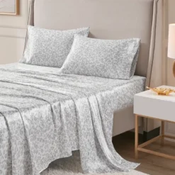 Kirkland's Home Gray Leopard Print Satin 4-Pc. Full Sheet Set- Bed Sheets