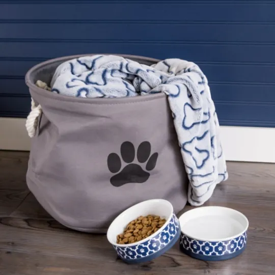 Kirkland's Home Gray Paw Print Round Basket With Handles- Baskets & Boxes