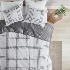 Kirkland's Home Gray Plaid Reversible 3-Pc. Queen Duvet Cover Set- Duvets
