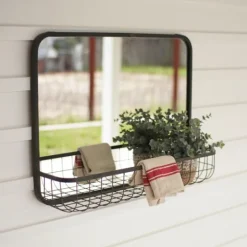 Kirkland's Home Gray Rectangular Mirror With Wire Basket- Decorative Mirrors