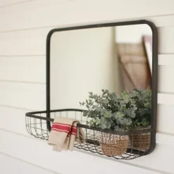 Kirkland's Home Gray Rectangular Mirror With Wire Basket- Decorative Mirrors