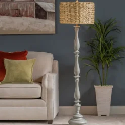 Kirkland's Home Gray Resin Floor Lamp With Hand Woven Raffia Shade- Floor Lamps