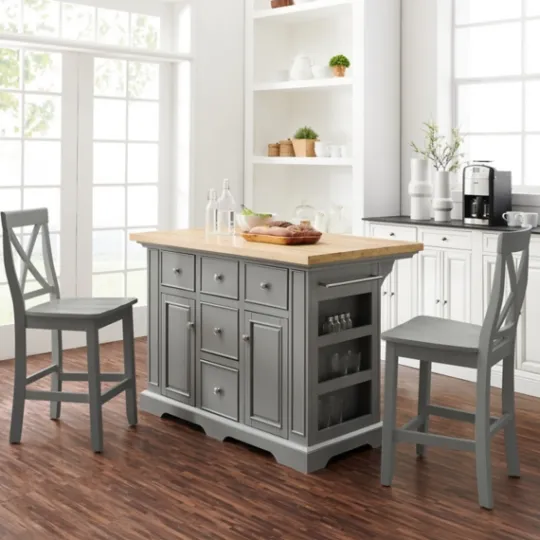 Kirkland's Home Gray Storage Cabinet 3-Pc. Kitchen Island Set- Kitchen Islands & Bar Carts
