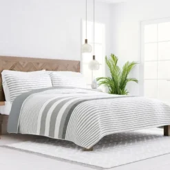 Kirkland's Home Gray Striped Reversible 3-Pc. King Quilt Set- Quilts