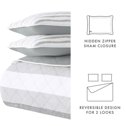 Kirkland's Home Gray Striped Reversible 3-Pc. Queen Quilt Set- Quilts