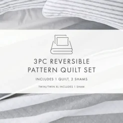 Kirkland's Home Gray Striped Reversible 3-Pc. Queen Quilt Set- Quilts