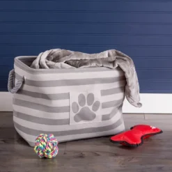 Kirkland's Home Gray Stripes And Paw Basket With Handles- Baskets & Boxes