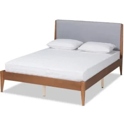 Kirkland's Home Gray Upholstered Brown Wood King Platform Bed- Beds & Headboards