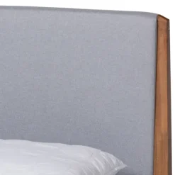Kirkland's Home Gray Upholstered Brown Wood King Platform Bed- Beds & Headboards