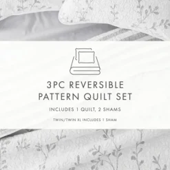 Kirkland's Home Gray Vines Reversible 3-Pc. Queen Quilt Set- Quilts