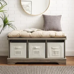 Kirkland's Home Gray Wash Entryway Bench And Storage Bins- Benches & Ottomans