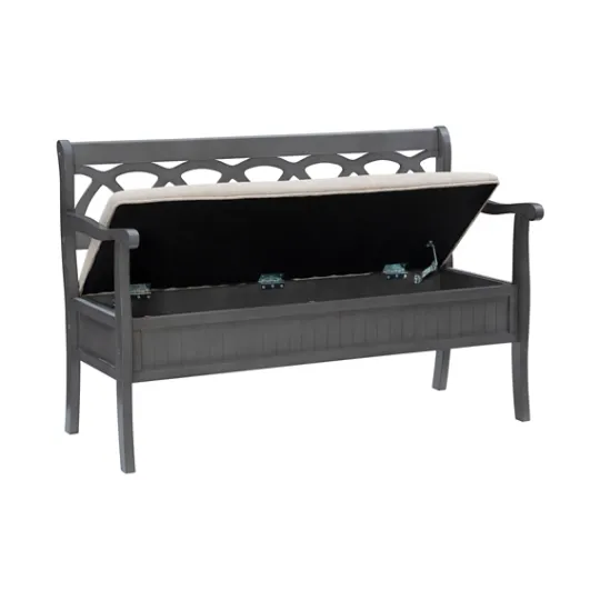 Kirkland's Home Gray Wood Upholstered Storage Bench- Benches & Ottomans