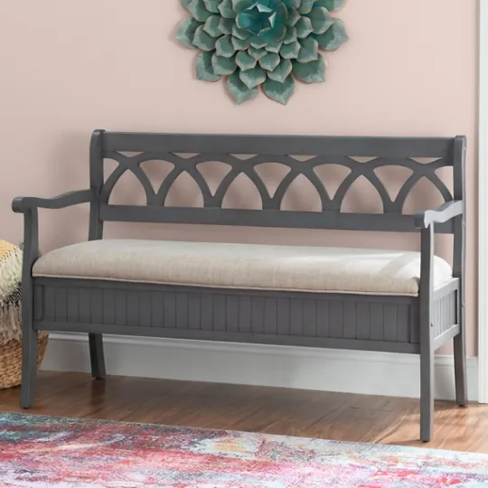 Kirkland's Home Gray Wood Upholstered Storage Bench- Benches & Ottomans