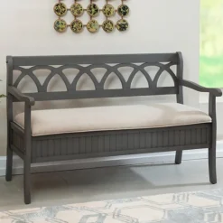 Kirkland's Home Gray Wood Upholstered Storage Bench- Benches & Ottomans