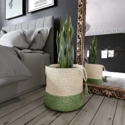 Kirkland's Home Green And Cream Woven Basket With Tassel, 19 In.- Baskets & Boxes