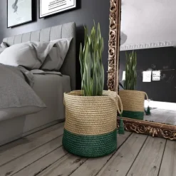 Kirkland's Home Green And Tan Woven Basket With Tassel, 19 In.- Baskets & Boxes
