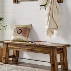 Kirkland's Home Honey Acacia Wood Rustic Metal Rod Dining Bench- Dining Chairs