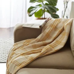 Kirkland's Home Honey Gold Plaid Fringe Throw- Blankets & Throws
