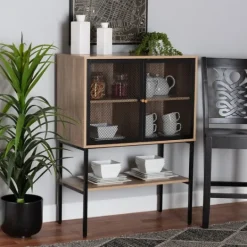 Kirkland's Home Honey Wood And Metal Mesh Cabinet- Cabinets & Sideboards