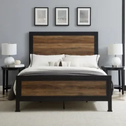 Kirkland's Home Industrial Rustic Oak Queen Bed With Metal Frame- Beds & Headboards