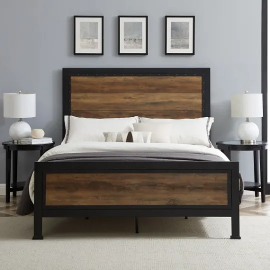 Kirkland's Home Industrial Rustic Oak Queen Bed With Metal Frame- Beds & Headboards
