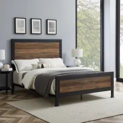 Kirkland's Home Industrial Rustic Oak Queen Bed With Metal Frame- Beds & Headboards