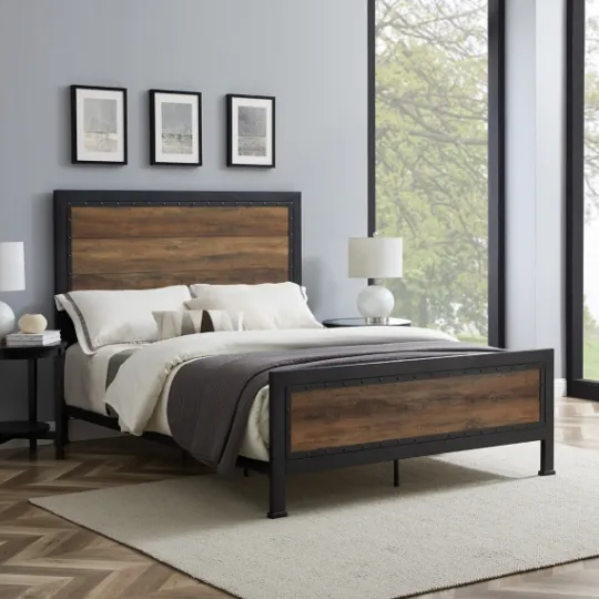 Kirkland's Home Industrial Rustic Oak Queen Bed With Metal Frame- Beds & Headboards