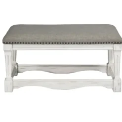 Kirkland's Home Ivory And Gray Wooden Upholstered Bench- Benches & Ottomans