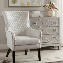 Kirkland's Home Ivory Lanea Quilted Accent Chair With Silver Studs- Accent Chairs