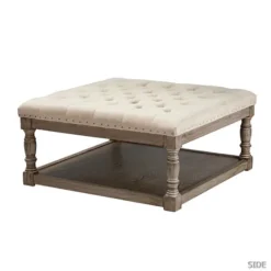 Kirkland's Home Ivory Linen Low Base Tufted Ottoman- Benches & Ottomans