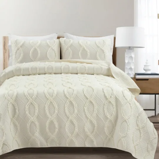 Kirkland's Home Ivory Trellis Ruffles 3-Pc. King Quilt Set- Quilts