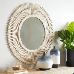 Kirkland's Home Ivory Woven Bamboo Sunburst Wall Mirror- Decorative Mirrors