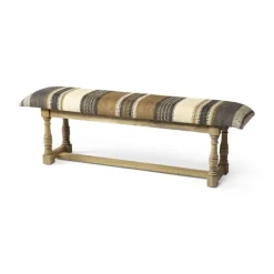 Kirkland's Home Jute Striped Natural Wood Bench- Benches & Ottomans