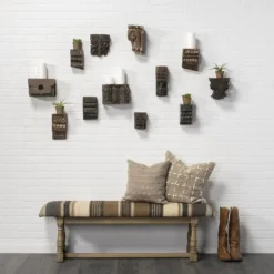 Kirkland's Home Jute Striped Natural Wood Bench- Benches & Ottomans