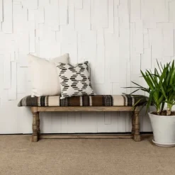 Kirkland's Home Jute Striped Natural Wood Bench- Benches & Ottomans