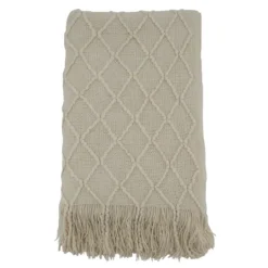 Kirkland's Home Knitted Beige With Fringe Throw Blanket- Blankets & Throws