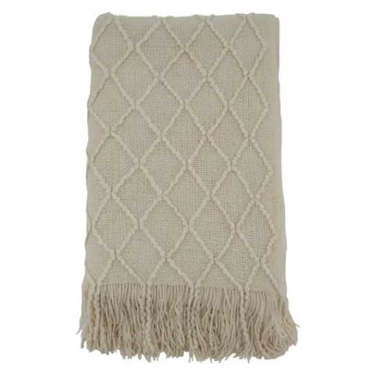 Kirkland's Home Knitted Beige With Fringe Throw Blanket- Blankets & Throws
