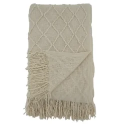 Kirkland's Home Knitted Beige With Fringe Throw Blanket- Blankets & Throws