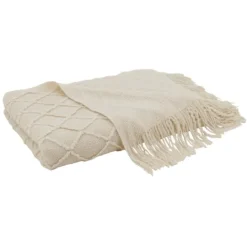 Kirkland's Home Knitted Beige With Fringe Throw Blanket- Blankets & Throws