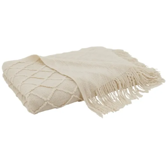Kirkland's Home Knitted Beige With Fringe Throw Blanket- Blankets & Throws