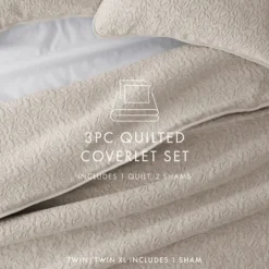 Kirkland's Home Latte Floral Stitch 3-Pc. Queen Quilt Set- Quilts