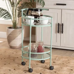 Kirkland's Home Light Blue Round Metal Bar Cart- Kitchen Islands & Bar Carts
