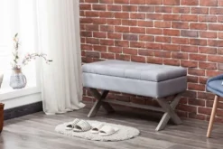Kirkland's Home Light Button Tufted Storage Cross Leg Bench- Benches & Ottomans