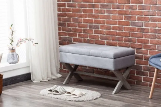 Kirkland's Home Light Button Tufted Storage Cross Leg Bench- Benches & Ottomans
