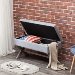 Kirkland's Home Light Button Tufted Storage Cross Leg Bench- Benches & Ottomans
