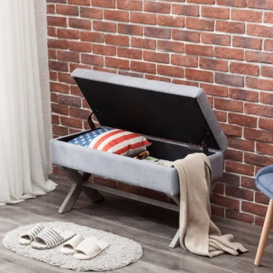 Kirkland's Home Light Button Tufted Storage Cross Leg Bench- Benches & Ottomans