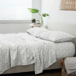 Kirkland's Home Light Gray Botanical Flannel 4-Pc. King Sheet Set- Bed Sheets