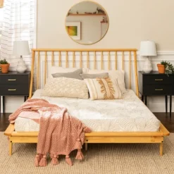 Kirkland's Home Light Oak Modern Spindle Wooden Queen Bed- Beds & Headboards