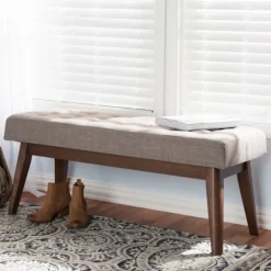 Kirkland's Home Light Tufted Walnut Wood Bench- Benches & Ottomans